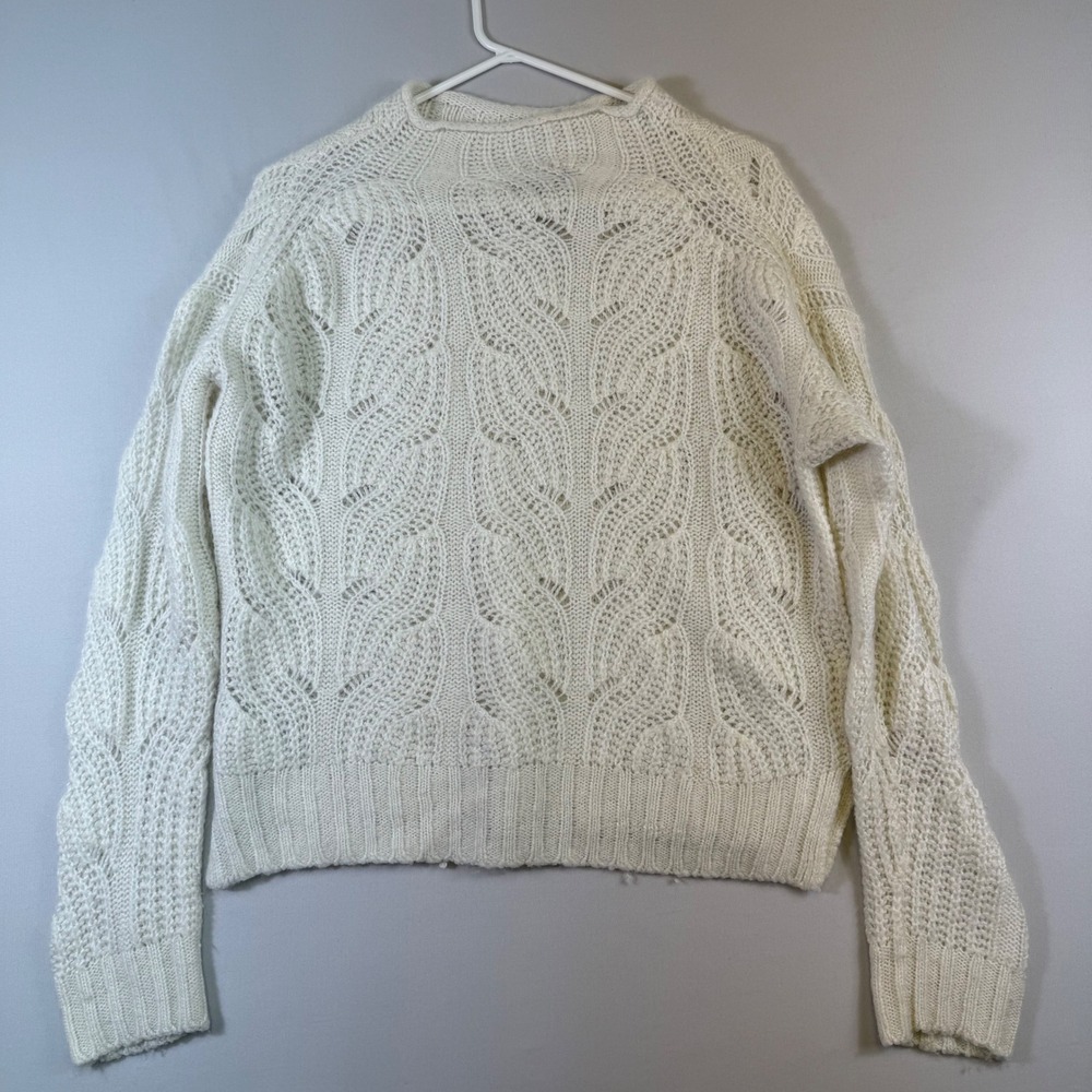 J Crew Pointelle Cable Sweater Womens Medium Ivory Alpaca Blend Mock Neck AF007